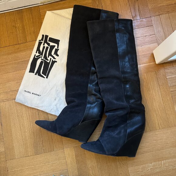 Isabel Marant Sheila Black Suede/Leather Knee High Wedge Boot 4in/100mm Size 40 - Picture 2 of 5
